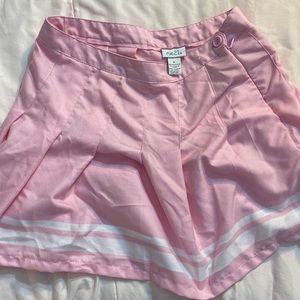 Rue 21 women’s pleated pink skirt with white stripes on bottom, size medium